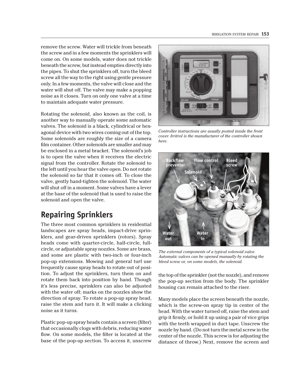Interior book page showing irrigation system repair